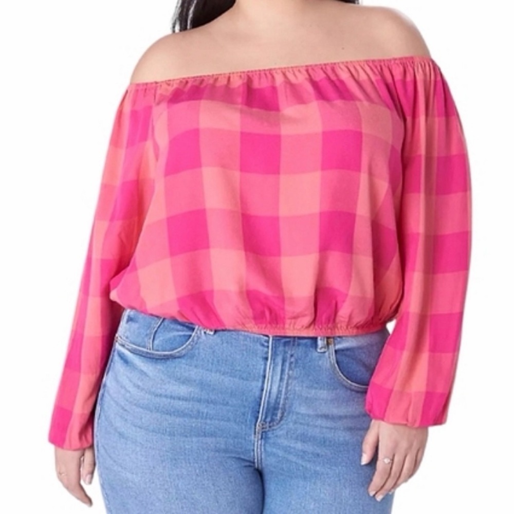 Lane Bryant Classic Crop Off-The-Shoulder Top Pink Buffalo Check